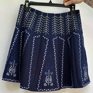 Knee-Length Skirt, Navy with Scandinavian-Inspired Embroidery, Size Medium